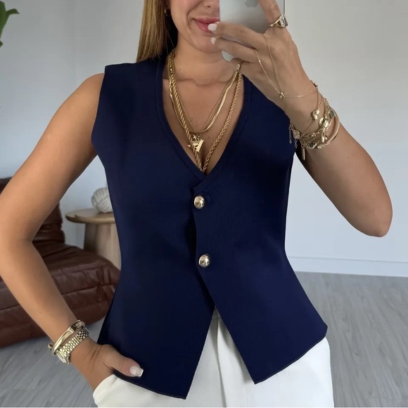 NAVY KNIT VEST TOP WITH GOLD BUTTON - Picture 6 of 11